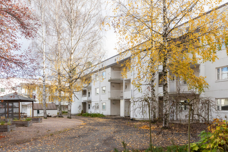 Valkoisia kolmikerroksisia kerrostaloja, joiden edustalla sisäpihaa. Puissa keltaisia ja punaisia lehtiä.